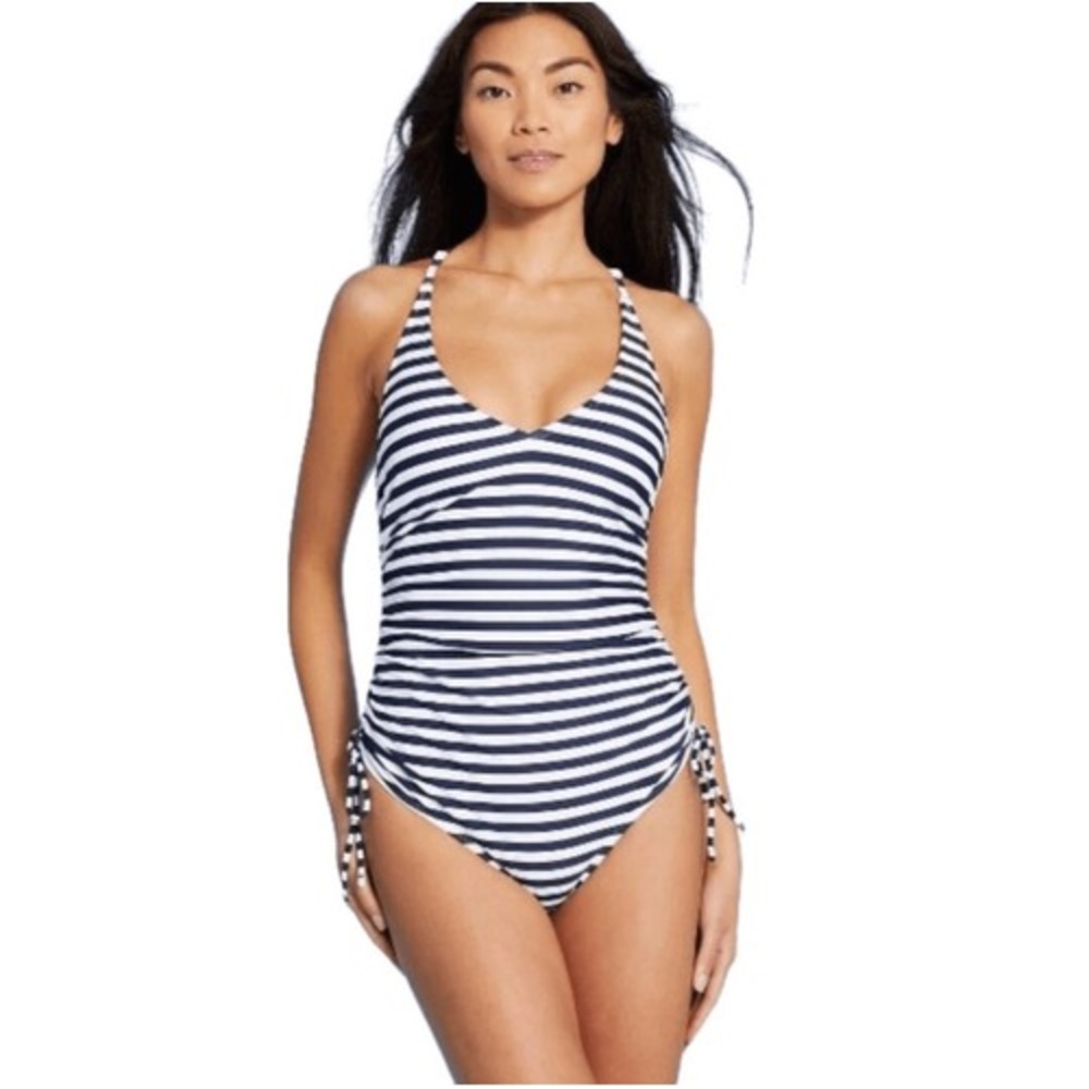 Kona‎ Sol Womens Navy White Stripe High Coverage One Piece Swimsuit Size L